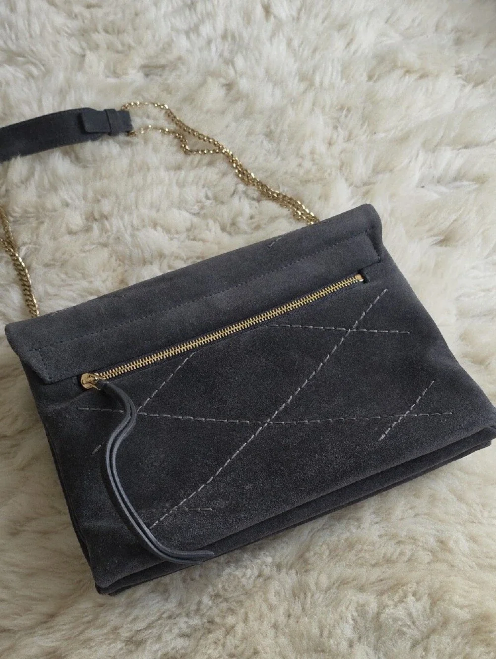 Lanvin Charcoal Suede Shoulder Bag with Gold Chain